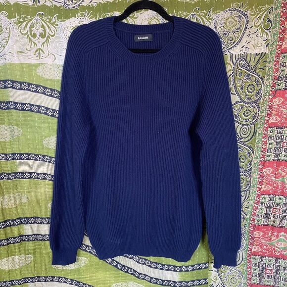 NAADAM Navy Blue Merino Wool/ Cashmere Blend Ribbed Mockneck Sweater Size Medium - Picture 1 of 16